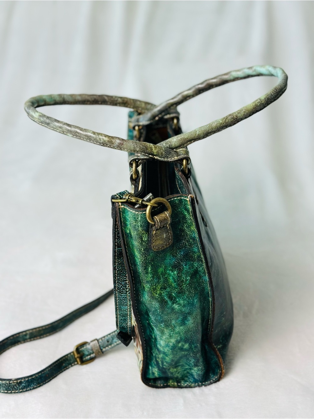 Patricia Nash Turquoise Hand-Tooled Floral Leather Tote Bag - Picture 7 of 12